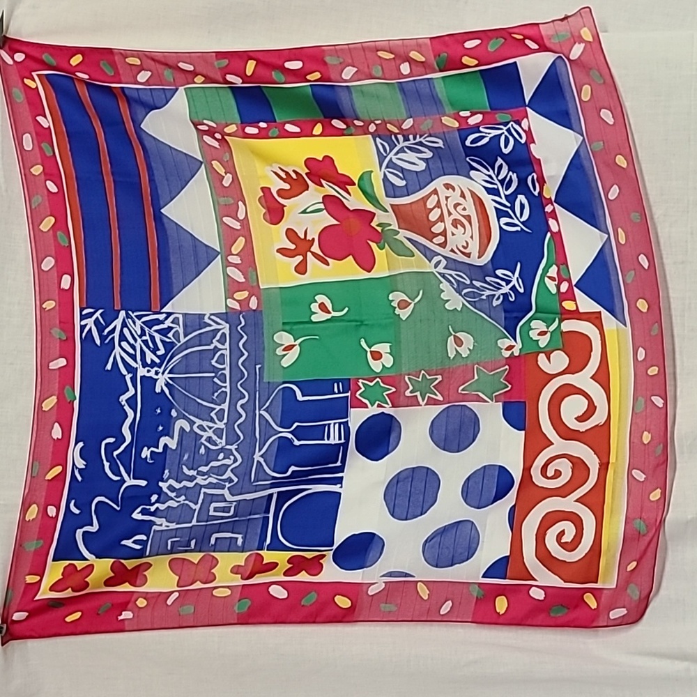 Vintage Cybèle Sheer  Colorful Geometric 33" Square Scarf Italy